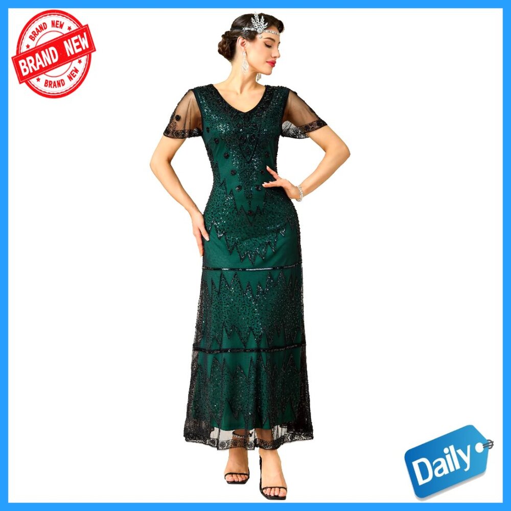 Sequin Beaded Maxi Dress V-Neck Formal Evening Gown Wedding